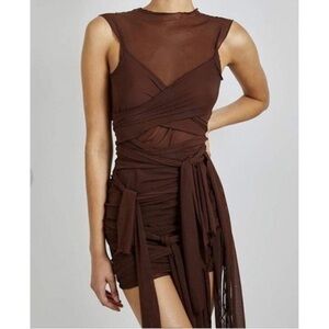 Micas Sheer Mesh Wrap Tie Ribbon Mini Dress BROWN Size XL